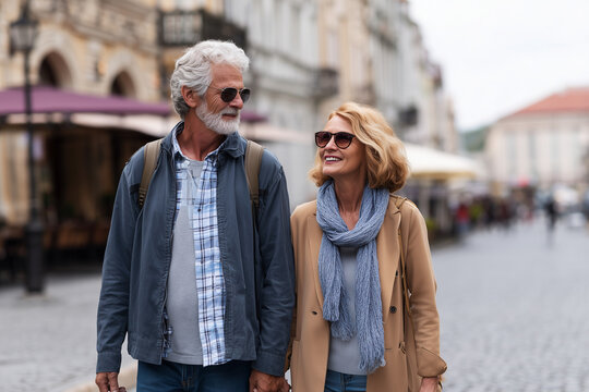 **Couple's City Stroll**: An elderly couple enjoying their vacation, walking down a street with sunglasses, smiling and feeling the breeze while exploring the city's sights.
