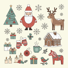 Flat vector style Christmas vector with bold colors, featuring Santa, tree, and ornaments in a festive, minimalist design. Cute holiday and Christmas icons, including festive vector elements.