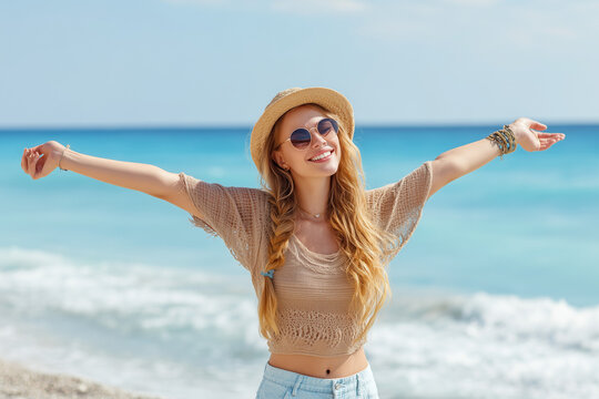 Beach Bliss: A radiant woman embraces the freedom of a sunny day by the shore, radiating pure happiness and joy, the sky is clear and blue.