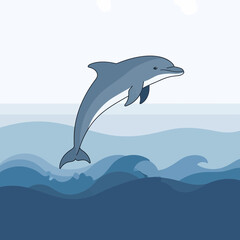 Obraz premium Cartoon Dolphin Leaping From Blue Ocean Waves Under Sunlight