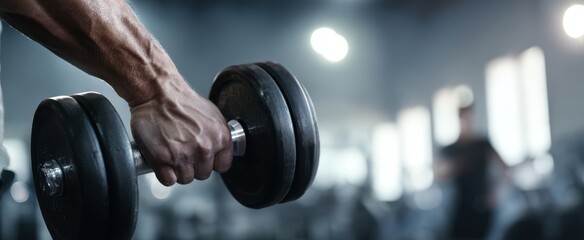The Dumbbell Held by Strong Forearm in Focus with Blurred Gym Background