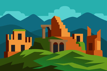 Stylized illustration of ancient ruins on a grassy hill with mountains in the background