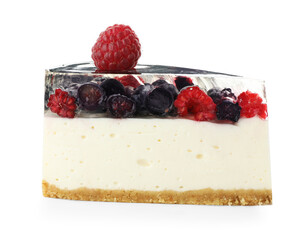 Piece of delicious cheesecake with berries isolated on white