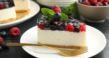 Piece of delicious cheesecake with berries and mint on black wooden table, closeup