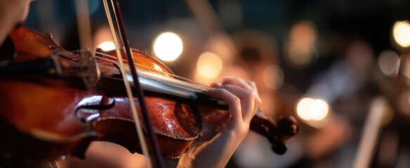 The Violin in Closeup as a Musician Plays Warm Wooden Strings on a Stage