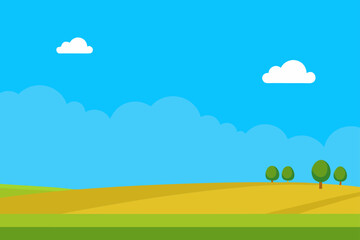 Flat design landscape with rolling hills and trees under a blue sky