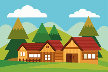 Fototapeta premium Charming wooden cabins nestled in a serene mountain landscape