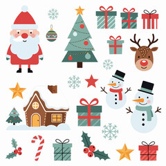 Festive vector illustration featuring Santa Claus, animals in Christmas sweaters, candy canes, snow globe, reindeer, snowman, and holiday decor in flat cartoon style on light background.