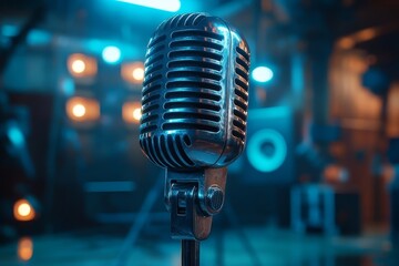Vintage microphone stands ready for a live performance in a dimly lit music studio with vibrant blue lighting