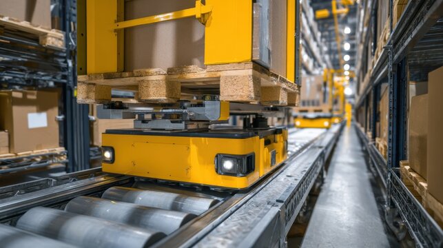 Medium shot of a robotic system using sensors to track stock movement in a storage facility emphasizing precision in automated warehouse management.