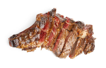 Tasty cut beef steak isolated on white, top view