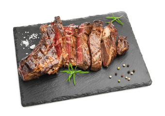 Tasty cut beef steak, rosemary, salt and peppercorns isolated on white