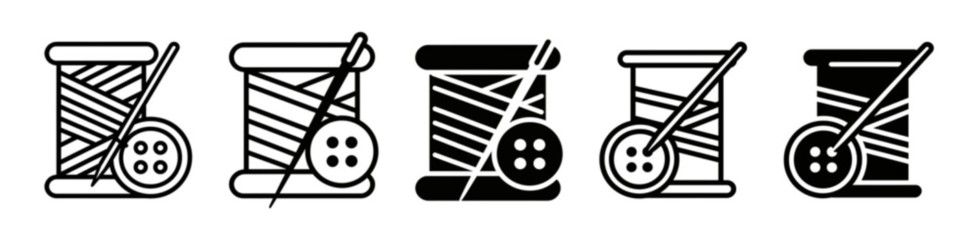 Set of sewing icons with thread, needle, and button