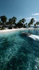 Luxurious speedboat glides through crystal-clear turquoise waters near a pristine tropical beach paradise with palm trees