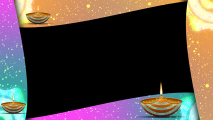 Diwali festival decoration animation on black background with beautiful shapes, oil lamps and bright moving particles.