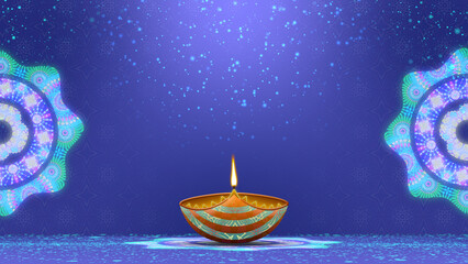 Diwali festival Animated clay lamp, indian classical traditional pattern with particles animation in blue gradient colours texture.