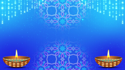 Diwali holiday decoration clip and decorated Diya lamp, bright particles background in blue gradient colours.