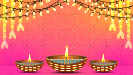 Diwali oil lamp ( diya ) on red gradient background with light series and flower decoration.