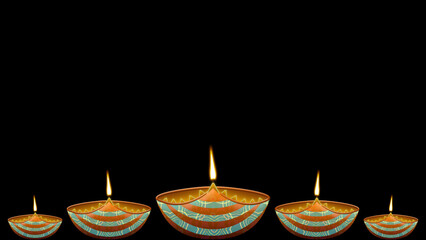 Five burning Diwali oil lamps on black background. Animation for diwali festival decoration.