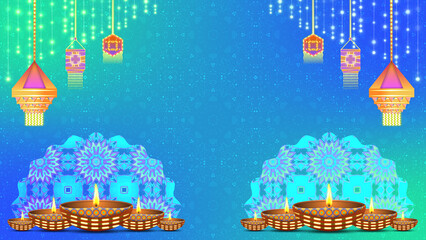 Diwali holiday celebration clip adding decorated clay lamps, traditional rangoli designs, decorative elements and moving particles.