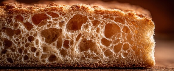 The Bread Slice with Open Crumb and Golden Crust Close-Up Texture and Detail