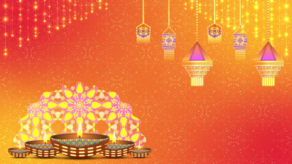 Happy diwali concept background with unique and different design. Bright light, decorative elements and oil lamps for diwali holiday.