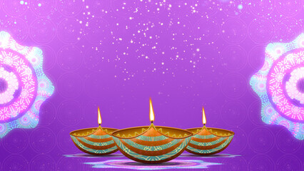 Indian traditional Diwali celebration concept animation in purple gradient colours with particles, eye pleasing design and clay lamps. Concept for diwali blessings.