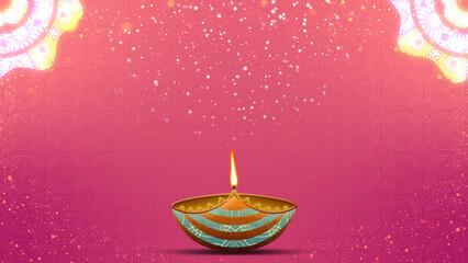 Oil lamps burning on red gradient background with bright pattern and particles. Concept of Diwali celebration background.