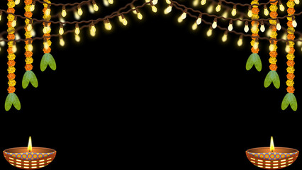 light, flowers and diya lamp decoration on black background. Concept for diwali decoration.