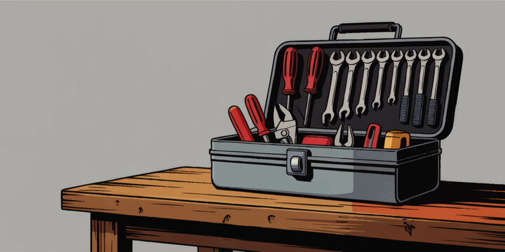 Cartoon Tool Box on Wooden Table with Open Lid Displaying Hand Tools, Wrenches, Screwdrivers, and Pliers Isolated on Gray Background
