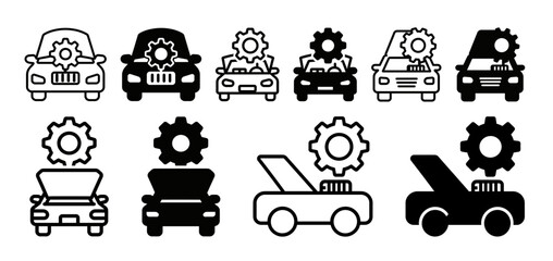 Collection of car icons with gears
