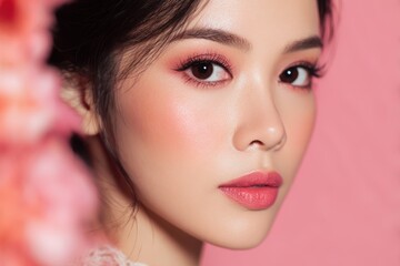 Close up of a beautiful young Asian woman posing to the camera with full make up, beauty concept.