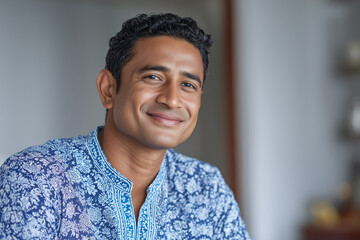 Content Smile: A warm and inviting portrait of an individual radiating positivity, set against a softly blurred background. Showcasing natural light and the genuine expression of human connection.