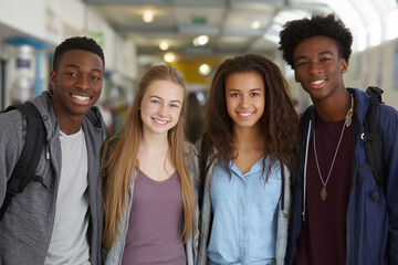 Smiling Students' Collaboration: Group of diverse high school students stands shoulder-to-shoulder, showcasing their unity and camaraderie in a vibrant and welcoming hallway. 