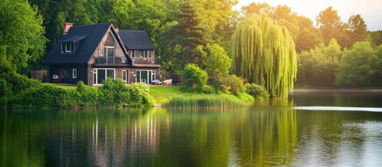 Obraz premium Picturesque Lakeside Home Surrounded by Lush Greenery and Tranquil Waters
