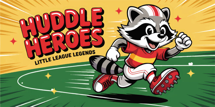 Cartoon Raccoon Mascot Playing Football on Field – Huddle Heroes Little League Sports Illustration for Kids