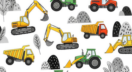 Collection of colorful construction vehicles and trees isolated on white background