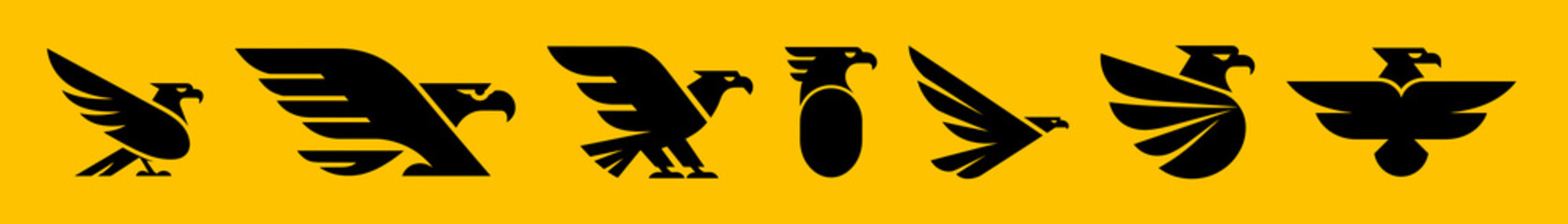 Collection of stylized black eagle logos on a yellow background