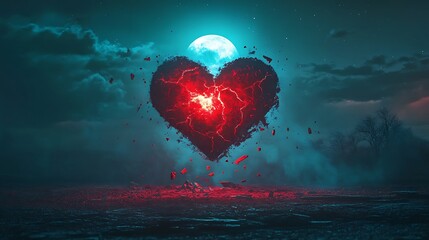 Exploding Red Heart Shards Against Full Moon Foggy Cyan Sky and Eerie Landscape