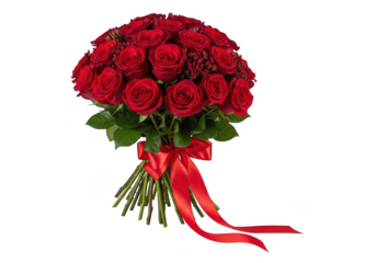 A lush bouquet of deep red roses tied with a vibrant red ribbon perfect for expressing love isolated on transparent background