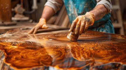 Skilled artisan meticulously applies vibrant epoxy resin to a stunning live edge wood slab, creating a mesmerizing, unique furniture piece.