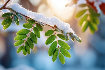 Snow-covered green leaves in winter sunlight