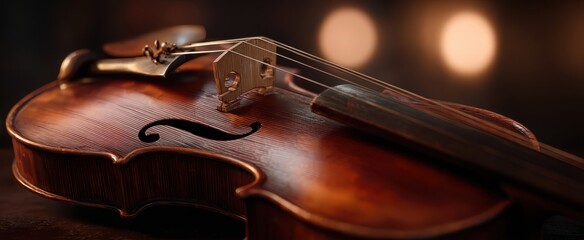 The Violin Resting on Warm Wooden Surface with Soft Bokeh Lights in Background