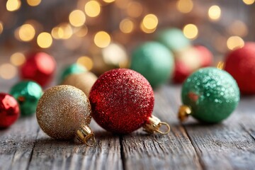 Colorful glittery Christmas ornaments on wood