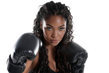 Female boxer posing with black gloves in close up stance isolated on transparent png background