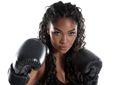 Female boxer posing with black gloves in close up stance isolated on transparent png background