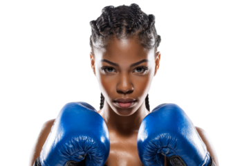 Female boxer posing with blue gloves in close up stance isolated on transparent png background