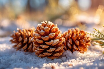 Frosted pine cones on snowy ground