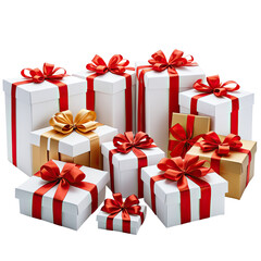 Fototapeta premium Group of presents. White boxes with red and gold bows. Isolated on black background