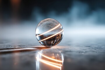 Glowing glass marble on reflective surface